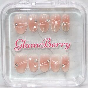 GlamBerry 10pcs Handmade Press-On Nails, Reusable, with Nail Kit - Sizes XS-L